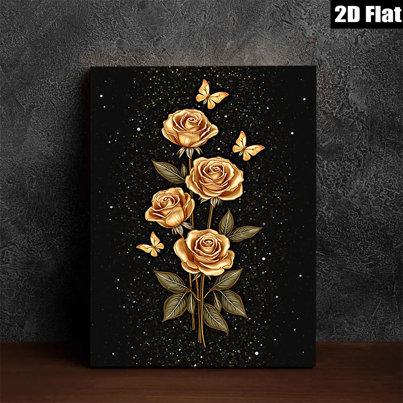 2D flat 1pc Golden Floral Bloom with Butterflies Wall Art Decor for Living Room Bedroom Modern Farmhouse Gallery Wrapped Canvas Prints Teal Blue