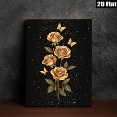 2D flat 1pc Golden Floral Bloom with Butterflies Wall Art Decor for Living Room Bedroom Modern Farmhouse Gallery Wrapped Canvas Prints Teal Blue