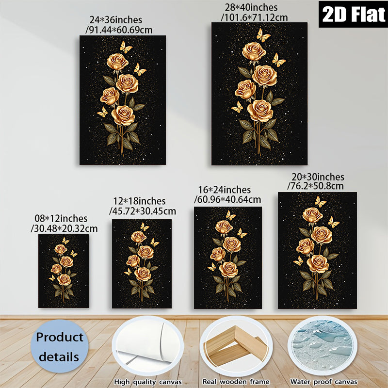 2D flat 1pc Golden Floral Bloom with Butterflies Wall Art Decor for Living Room Bedroom Modern Farmhouse Gallery Wrapped Canvas Prints Teal Blue