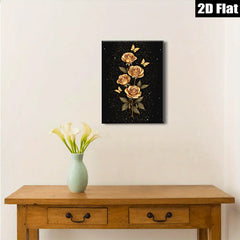 2D flat 1pc Golden Floral Bloom with Butterflies Wall Art Decor for Living Room Bedroom Modern Farmhouse Gallery Wrapped Canvas Prints Teal Blue