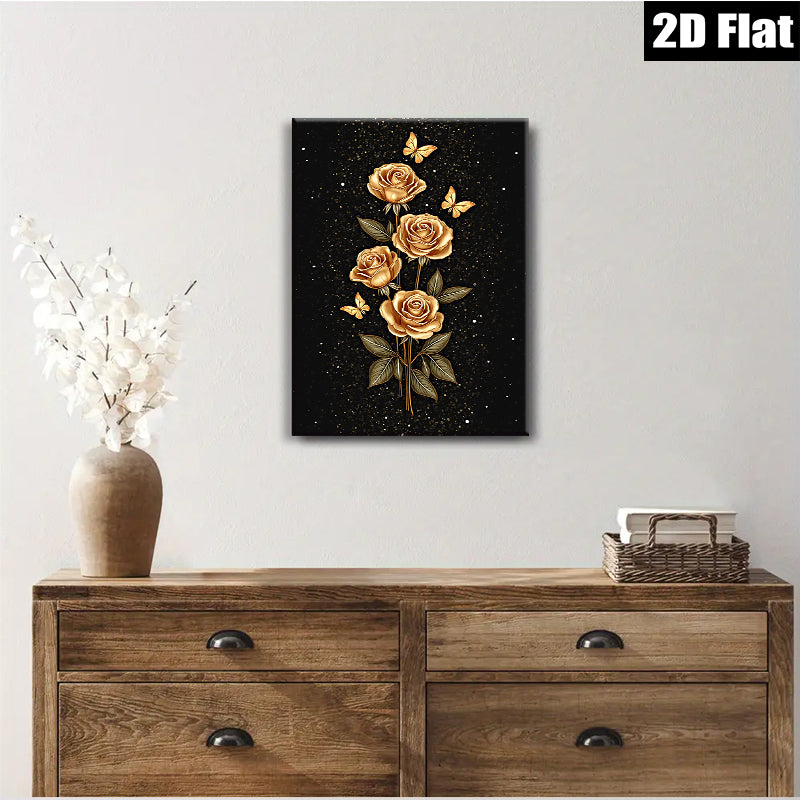 2D flat 1pc Golden Floral Bloom with Butterflies Wall Art Decor for Living Room Bedroom Modern Farmhouse Gallery Wrapped Canvas Prints Teal Blue