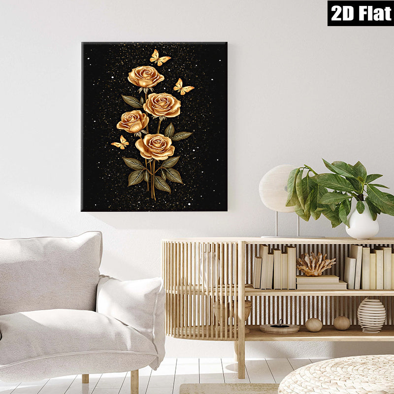 2D flat 1pc Golden Floral Bloom with Butterflies Wall Art Decor for Living Room Bedroom Modern Farmhouse Gallery Wrapped Canvas Prints Teal Blue
