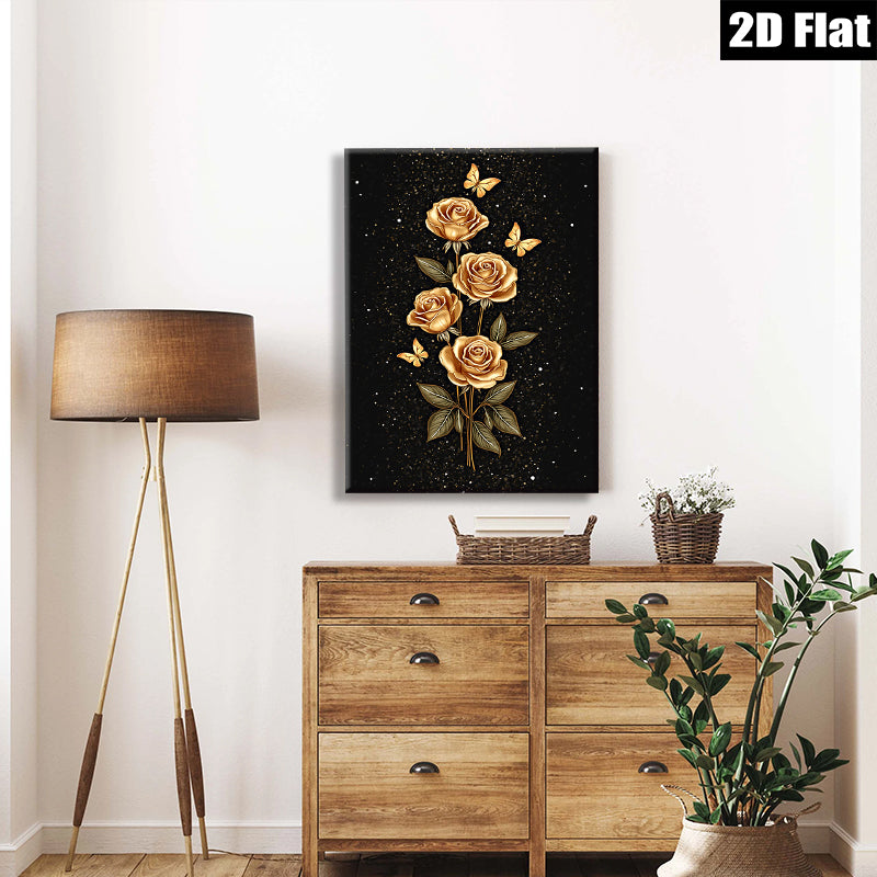 2D flat 1pc Golden Floral Bloom with Butterflies Wall Art Decor for Living Room Bedroom Modern Farmhouse Gallery Wrapped Canvas Prints Teal Blue