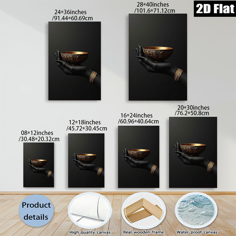 2D flat 1pc Golden Hand Holding Bowl Abstract Wall Art Living Room Decor Modern Farmhouse Gallery Wrapped Canvas Prints for Bedroom Aesthetic Home Decorations
