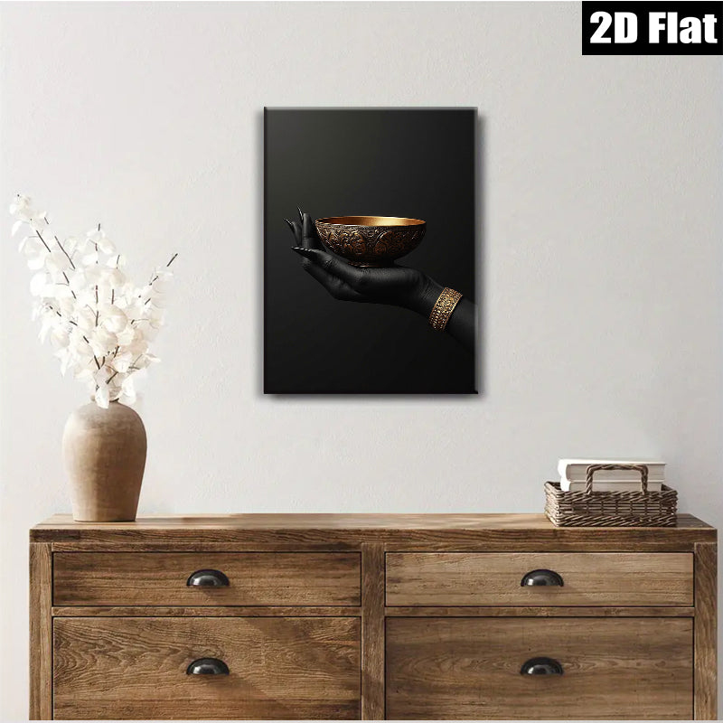 2D flat 1pc Golden Hand Holding Bowl Abstract Wall Art Living Room Decor Modern Farmhouse Gallery Wrapped Canvas Prints for Bedroom Aesthetic Home Decorations