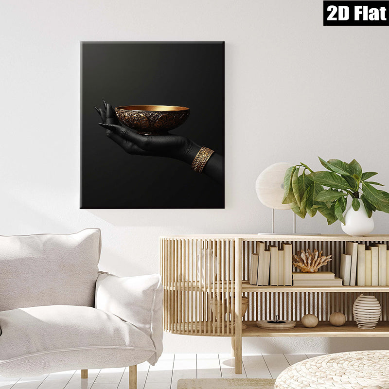 2D flat 1pc Golden Hand Holding Bowl Abstract Wall Art Living Room Decor Modern Farmhouse Gallery Wrapped Canvas Prints for Bedroom Aesthetic Home Decorations