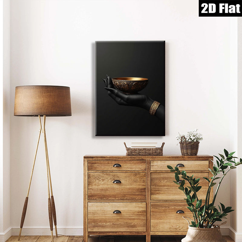 2D flat 1pc Golden Hand Holding Bowl Abstract Wall Art Living Room Decor Modern Farmhouse Gallery Wrapped Canvas Prints for Bedroom Aesthetic Home Decorations