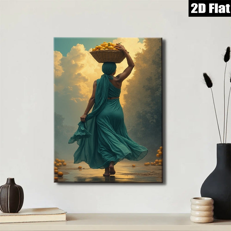 2D flat 1pc Golden Harvest Woman Carrying Fruit Farmhouse Wall Art Rustic Living Room Decor Botanical Prints Gallery Wrapped Canvas Prints