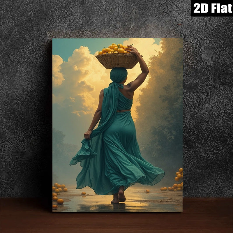2D flat 1pc Golden Harvest Woman Carrying Fruit Farmhouse Wall Art Rustic Living Room Decor Botanical Prints Gallery Wrapped Canvas Prints
