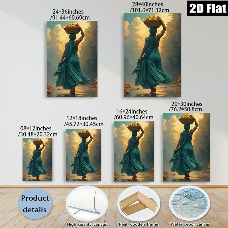 2D flat 1pc Golden Harvest Woman Carrying Fruit Farmhouse Wall Art Rustic Living Room Decor Botanical Prints Gallery Wrapped Canvas Prints