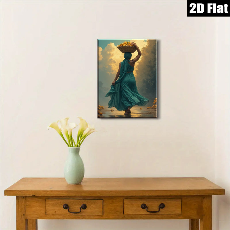 2D flat 1pc Golden Harvest Woman Carrying Fruit Farmhouse Wall Art Rustic Living Room Decor Botanical Prints Gallery Wrapped Canvas Prints