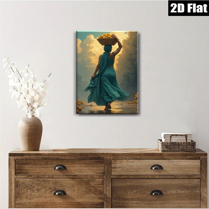 2D flat 1pc Golden Harvest Woman Carrying Fruit Farmhouse Wall Art Rustic Living Room Decor Botanical Prints Gallery Wrapped Canvas Prints