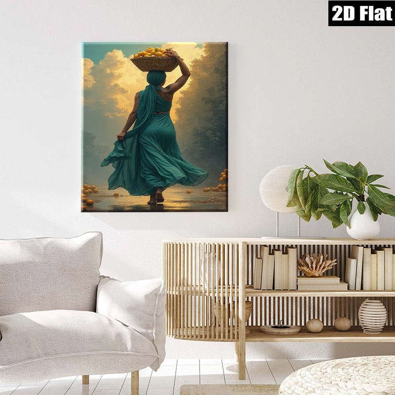 2D flat 1pc Golden Harvest Woman Carrying Fruit Farmhouse Wall Art Rustic Living Room Decor Botanical Prints Gallery Wrapped Canvas Prints