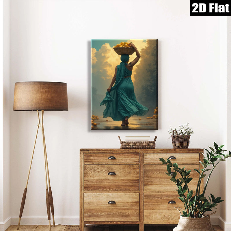2D flat 1pc Golden Harvest Woman Carrying Fruit Farmhouse Wall Art Rustic Living Room Decor Botanical Prints Gallery Wrapped Canvas Prints