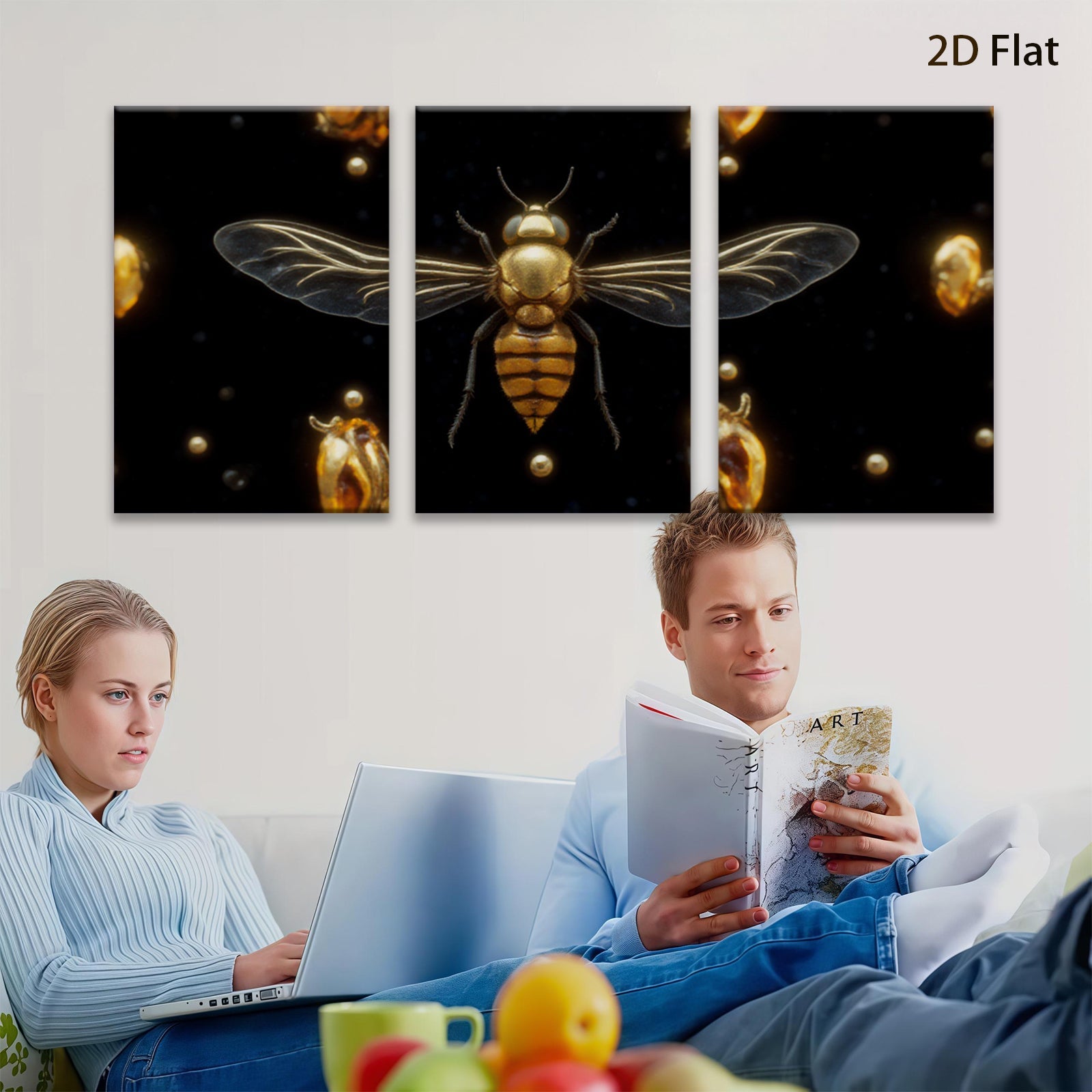 2D flat 1pc Golden Honeybee Wall Art Botanical Insect Decor Living Room Bedroom Gallery Wrapped Canvas Prints Home Office Modern Farmhouse Aesthetic