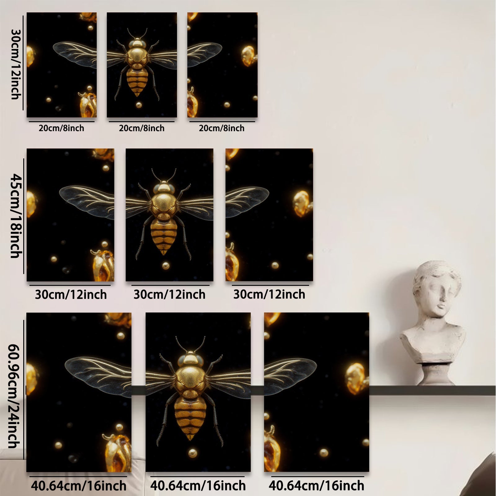 2D flat 1pc Golden Honeybee Wall Art Botanical Insect Decor Living Room Bedroom Gallery Wrapped Canvas Prints Home Office Modern Farmhouse Aesthetic