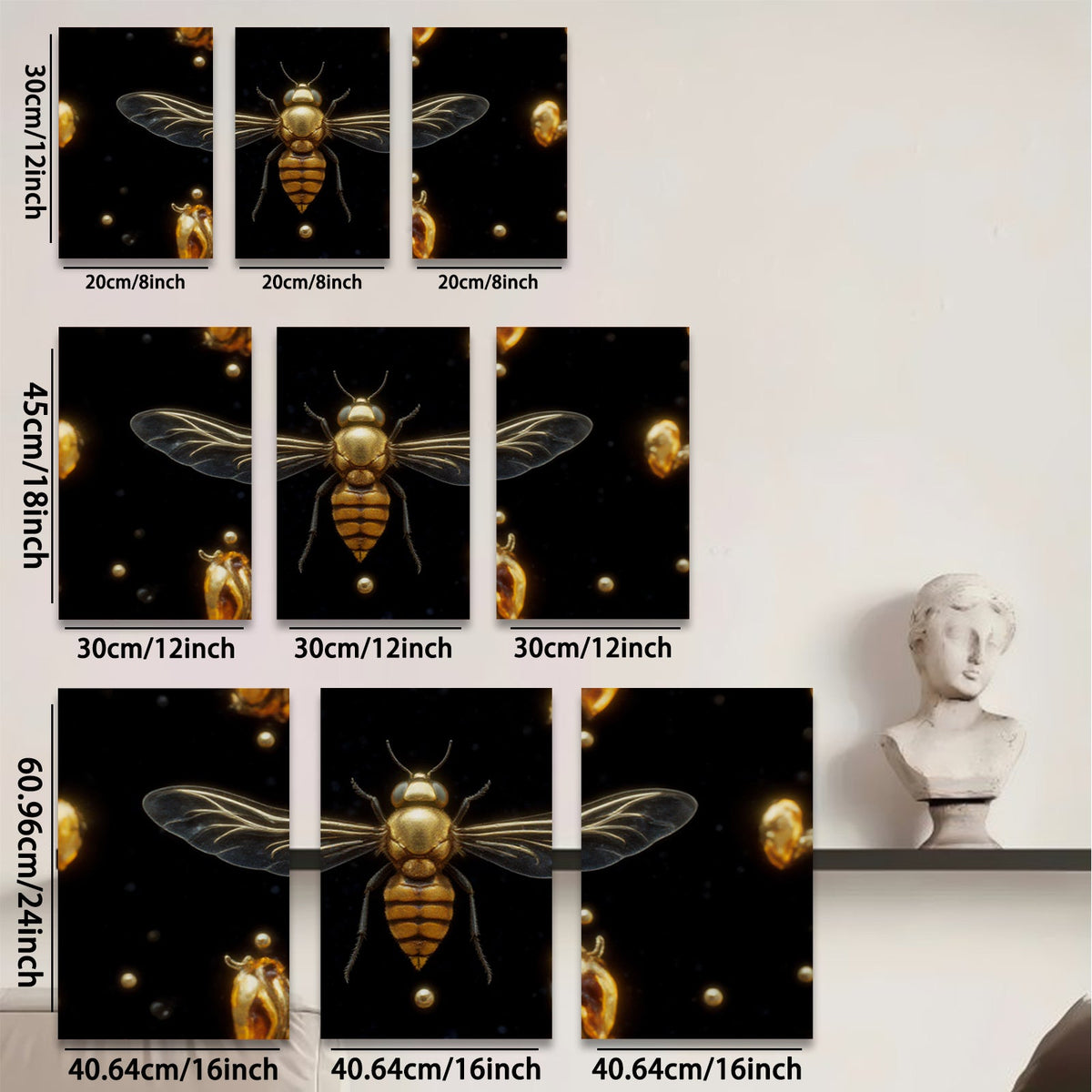 2D flat 1pc Golden Honeybee Wall Art Botanical Insect Decor Living Room Bedroom Gallery Wrapped Canvas Prints Home Office Modern Farmhouse Aesthetic