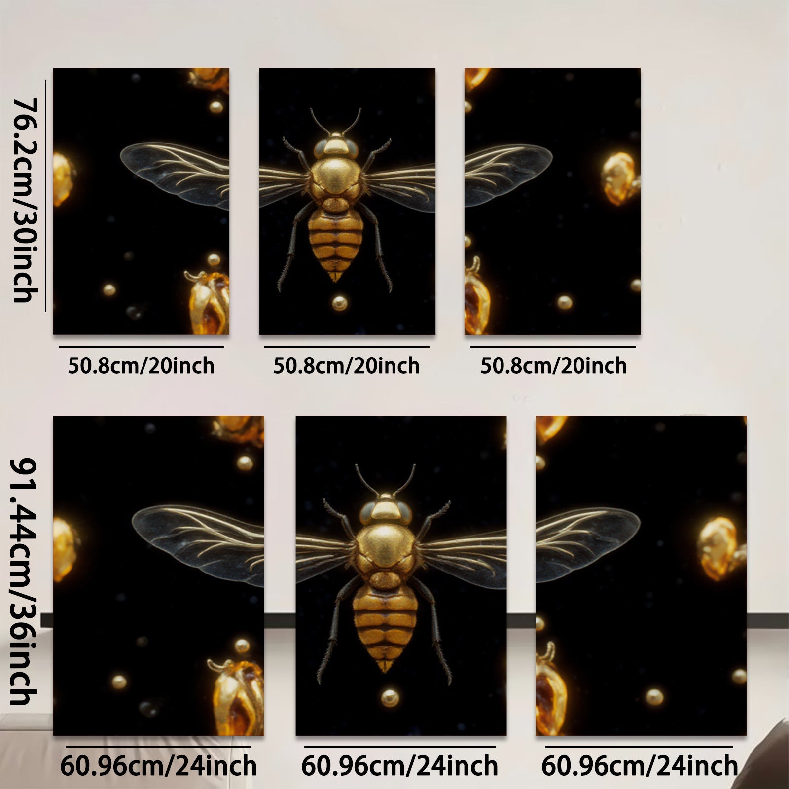 2D flat 1pc Golden Honeybee Wall Art Botanical Insect Decor Living Room Bedroom Gallery Wrapped Canvas Prints Home Office Modern Farmhouse Aesthetic
