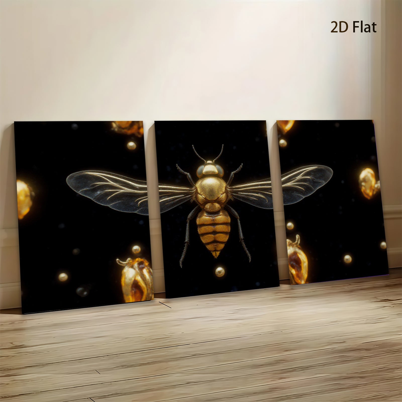 2D flat 1pc Golden Honeybee Wall Art Botanical Insect Decor Living Room Bedroom Gallery Wrapped Canvas Prints Home Office Modern Farmhouse Aesthetic