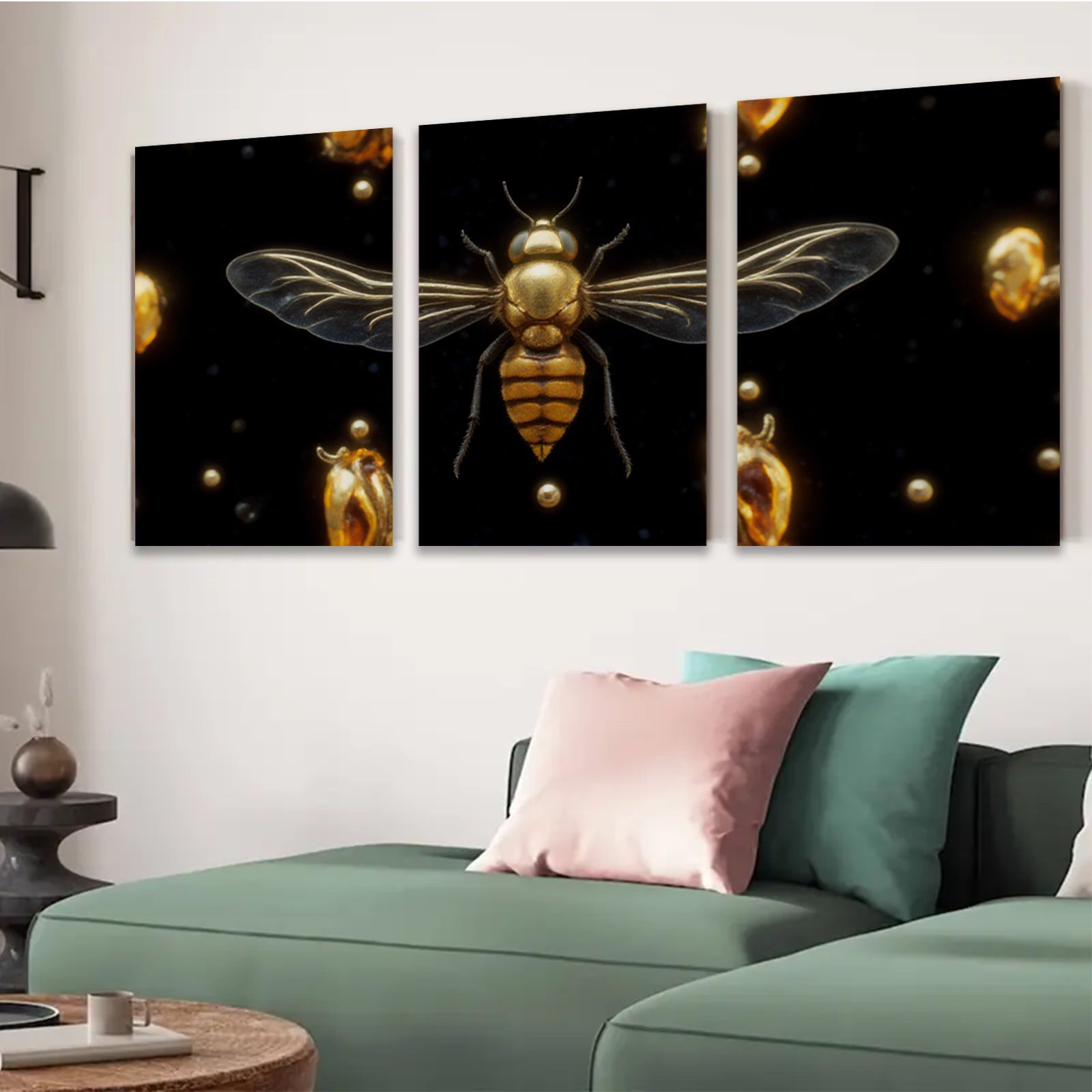 2D flat 1pc Golden Honeybee Wall Art Botanical Insect Decor Living Room Bedroom Gallery Wrapped Canvas Prints Home Office Modern Farmhouse Aesthetic