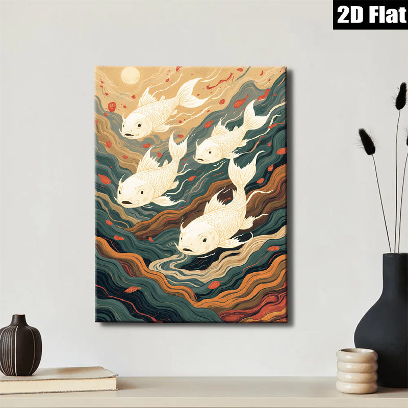 2D flat 1pc Golden Koi Fish Swimming Through Waves Wall Art Decor Living Room Bedroom Modern Farmhouse Canvas Prints Gallery Wrapped Teal Orange Artwork Trending Now
