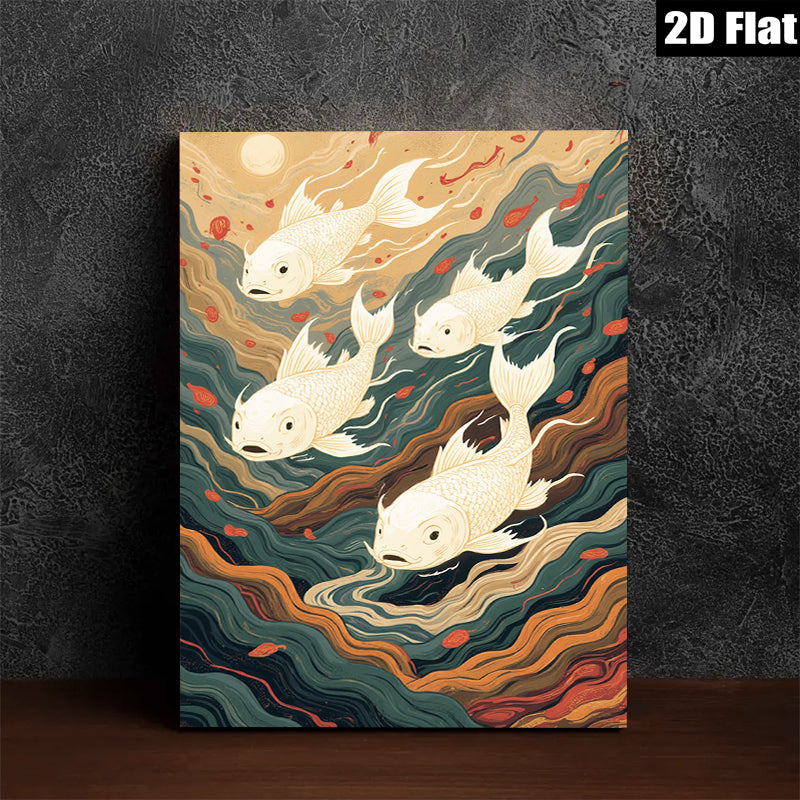 2D flat 1pc Golden Koi Fish Swimming Through Waves Wall Art Decor Living Room Bedroom Modern Farmhouse Canvas Prints Gallery Wrapped Teal Orange Artwork Trending Now