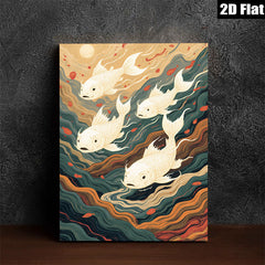 2D flat 1pc Golden Koi Fish Swimming Through Waves Wall Art Decor Living Room Bedroom Modern Farmhouse Canvas Prints Gallery Wrapped Teal Orange Artwork Trending Now