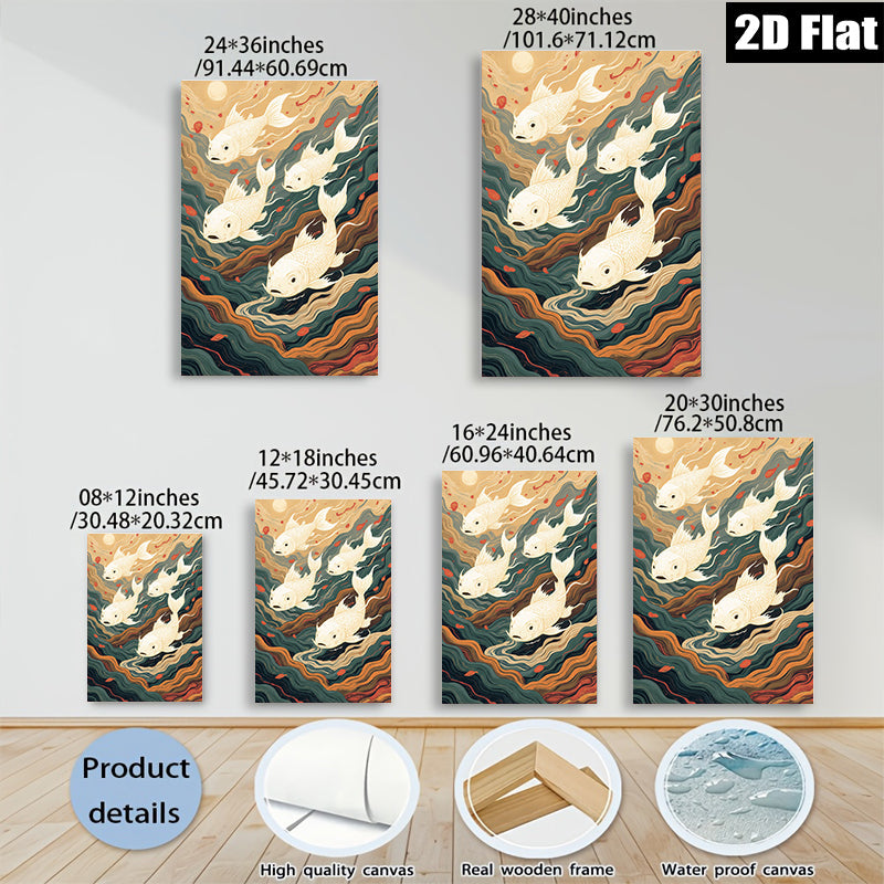 2D flat 1pc Golden Koi Fish Swimming Through Waves Wall Art Decor Living Room Bedroom Modern Farmhouse Canvas Prints Gallery Wrapped Teal Orange Artwork Trending Now