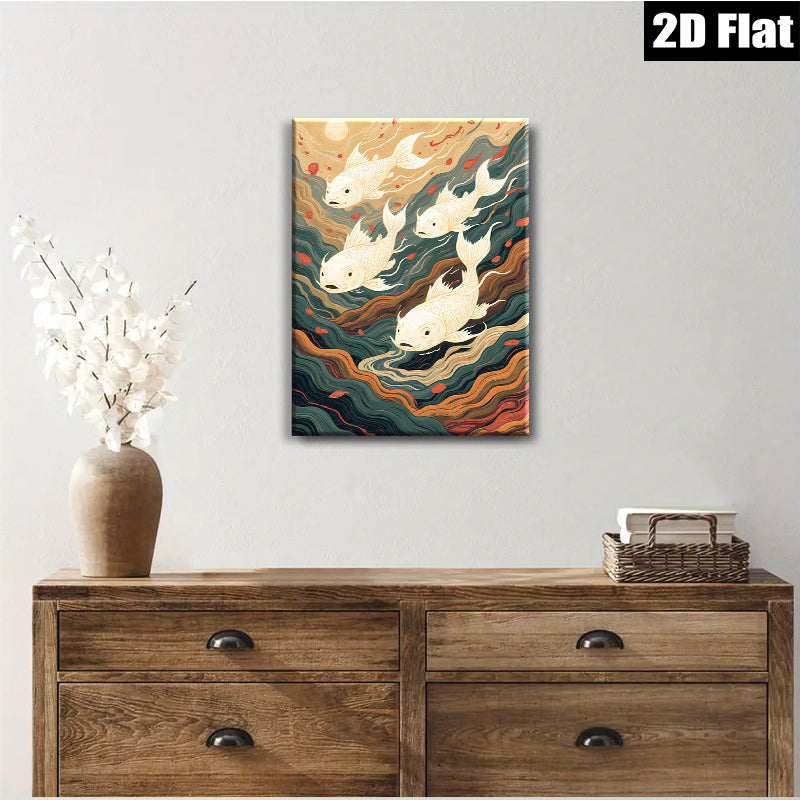 2D flat 1pc Golden Koi Fish Swimming Through Waves Wall Art Decor Living Room Bedroom Modern Farmhouse Canvas Prints Gallery Wrapped Teal Orange Artwork Trending Now