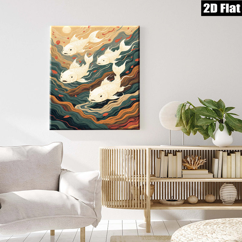 2D flat 1pc Golden Koi Fish Swimming Through Waves Wall Art Decor Living Room Bedroom Modern Farmhouse Canvas Prints Gallery Wrapped Teal Orange Artwork Trending Now