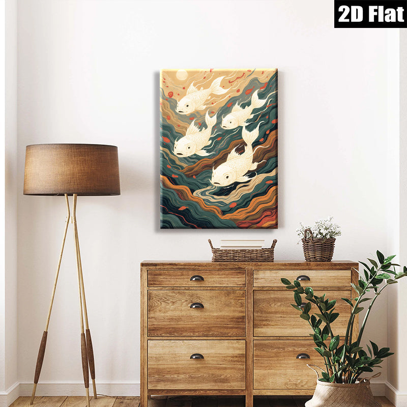 2D flat 1pc Golden Koi Fish Swimming Through Waves Wall Art Decor Living Room Bedroom Modern Farmhouse Canvas Prints Gallery Wrapped Teal Orange Artwork Trending Now