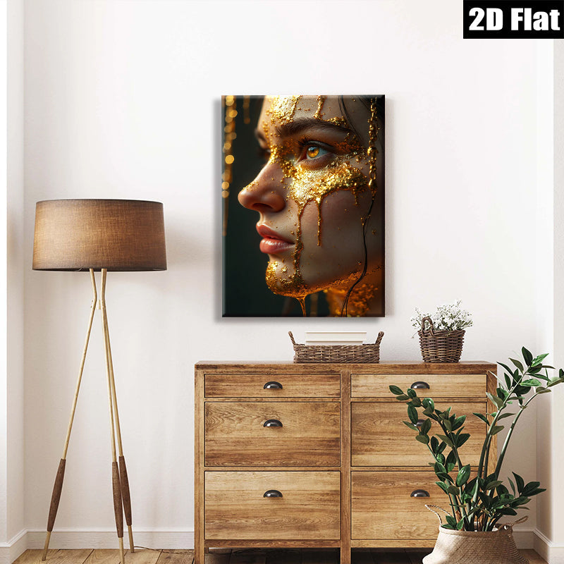 2D flat 1pc Golden Portrait Woman Face Beauty Art Canvas Wall Decor Living Room Bedroom Modern Farmhouse Aesthetic Gallery Wrapped Ready To Hang