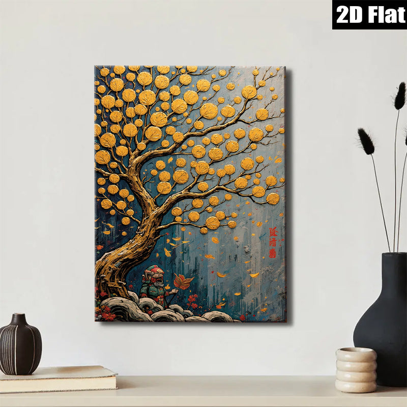 2D flat 1pc Golden Prosperity Tree Wall Art for Living Room Bedroom Home Decor Farmhouse Style Canvas Prints Modern Artwork Gallery Wrapped Ready to Hang