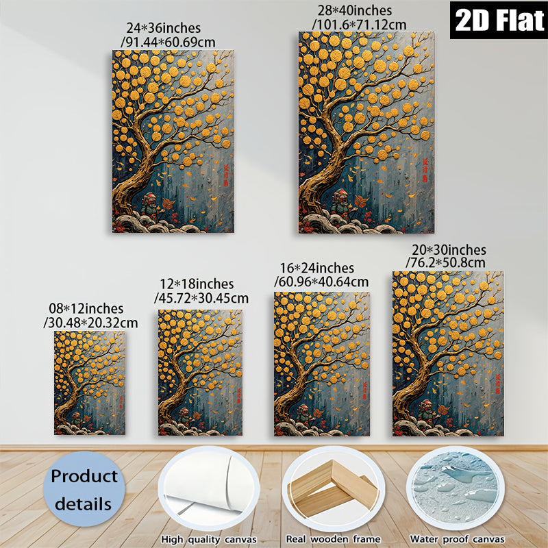 2D flat 1pc Golden Prosperity Tree Wall Art for Living Room Bedroom Home Decor Farmhouse Style Canvas Prints Modern Artwork Gallery Wrapped Ready to Hang