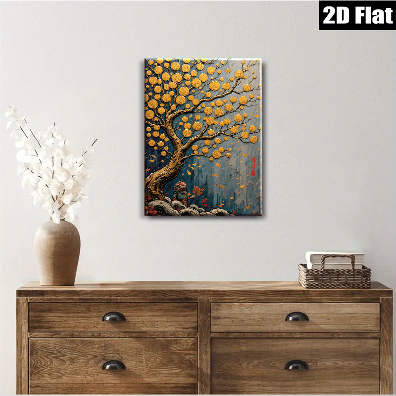 2D flat 1pc Golden Prosperity Tree Wall Art for Living Room Bedroom Home Decor Farmhouse Style Canvas Prints Modern Artwork Gallery Wrapped Ready to Hang