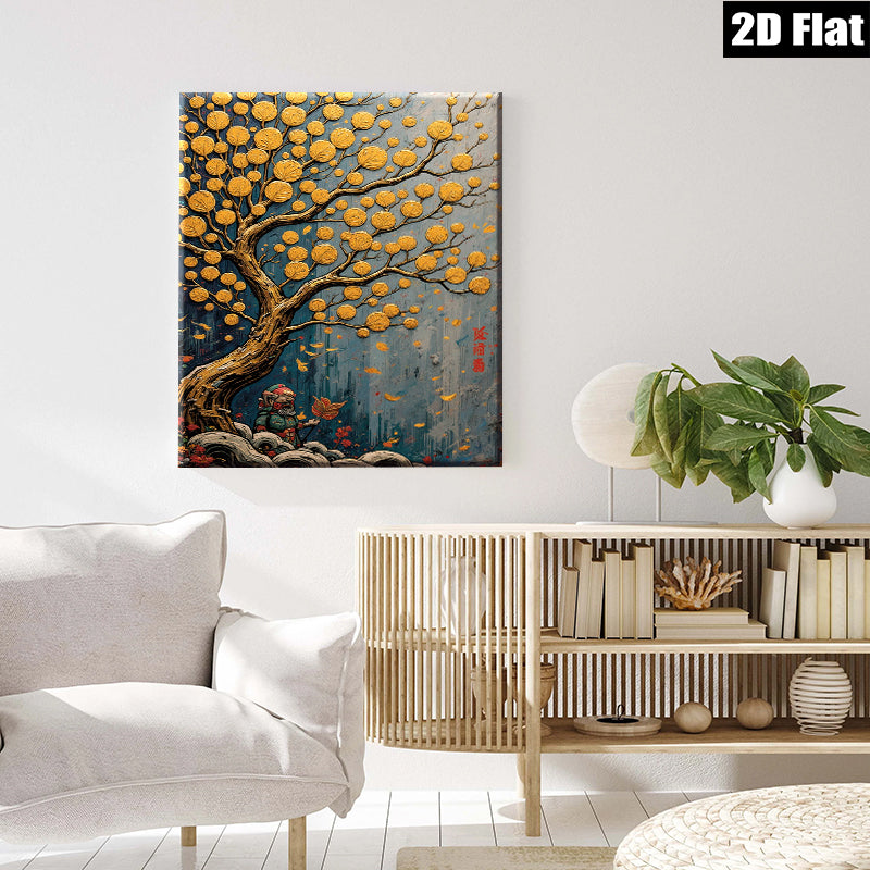 2D flat 1pc Golden Prosperity Tree Wall Art for Living Room Bedroom Home Decor Farmhouse Style Canvas Prints Modern Artwork Gallery Wrapped Ready to Hang