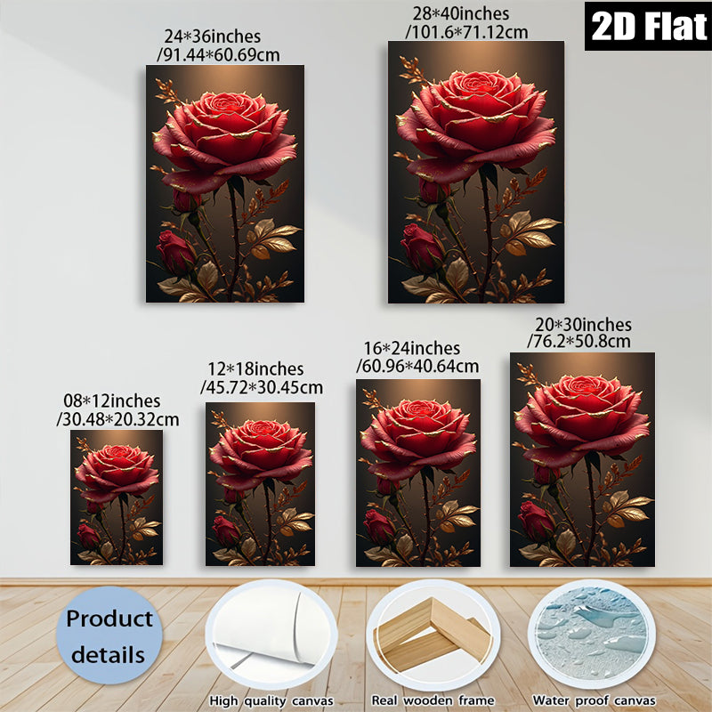 2D flat 1pc Golden Rose Bloom Floral Wall Art Canvas Prints for Living Room Bedroom Home Decor Modern Farmhouse Style Rustic Chic Gallery Wrapped Timeless Elegance