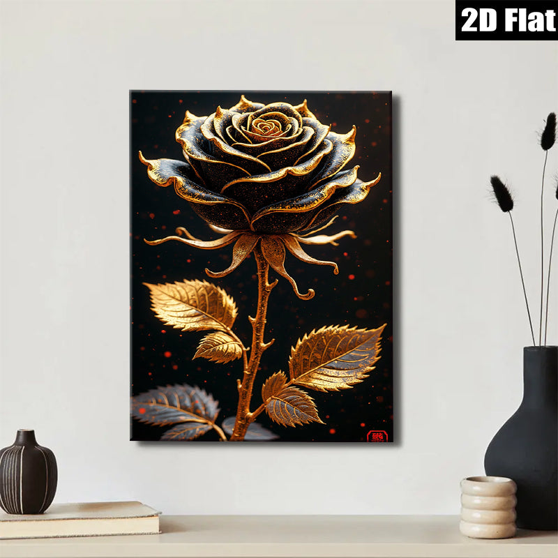 2D flat 1pc Golden Rose Bloom Wall Art Decor Botanical Print Canvas Picture for Living Room Bedroom Home Office Gallery Wrapped Modern Farmhouse Aesthetic