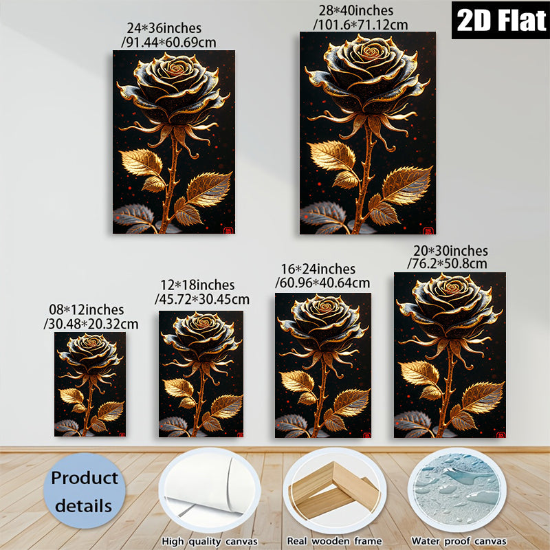 2D flat 1pc Golden Rose Bloom Wall Art Decor Botanical Print Canvas Picture for Living Room Bedroom Home Office Gallery Wrapped Modern Farmhouse Aesthetic