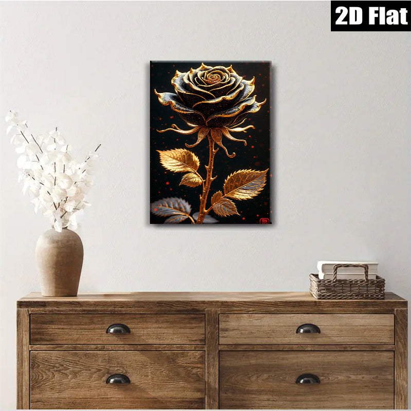 2D flat 1pc Golden Rose Bloom Wall Art Decor Botanical Print Canvas Picture for Living Room Bedroom Home Office Gallery Wrapped Modern Farmhouse Aesthetic