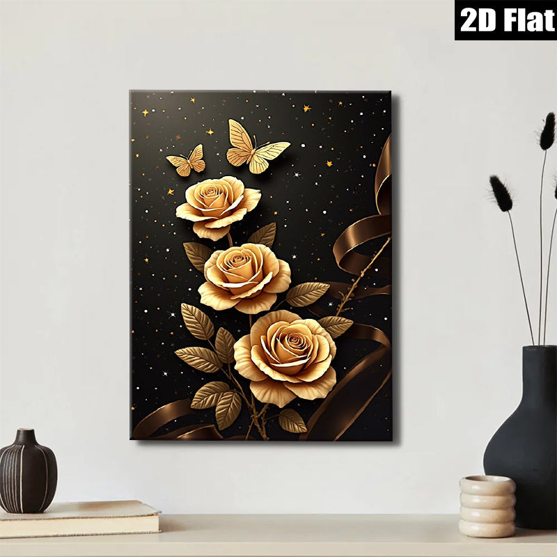 2D flat 1pc Golden Rose Floral Wall Art Decor for Living Room Bedroom Modern Farmhouse Canvas Prints Wrapped Ready to Hang Gallery Wrapped Timeless Elegance