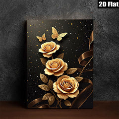 2D flat 1pc Golden Rose Floral Wall Art Decor for Living Room Bedroom Modern Farmhouse Canvas Prints Wrapped Ready to Hang Gallery Wrapped Timeless Elegance