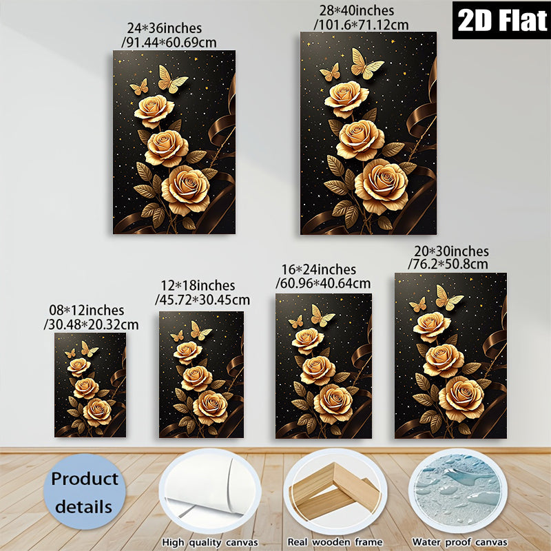 2D flat 1pc Golden Rose Floral Wall Art Decor for Living Room Bedroom Modern Farmhouse Canvas Prints Wrapped Ready to Hang Gallery Wrapped Timeless Elegance
