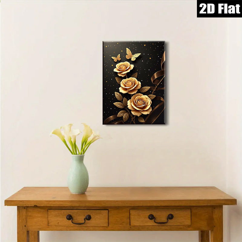 2D flat 1pc Golden Rose Floral Wall Art Decor for Living Room Bedroom Modern Farmhouse Canvas Prints Wrapped Ready to Hang Gallery Wrapped Timeless Elegance