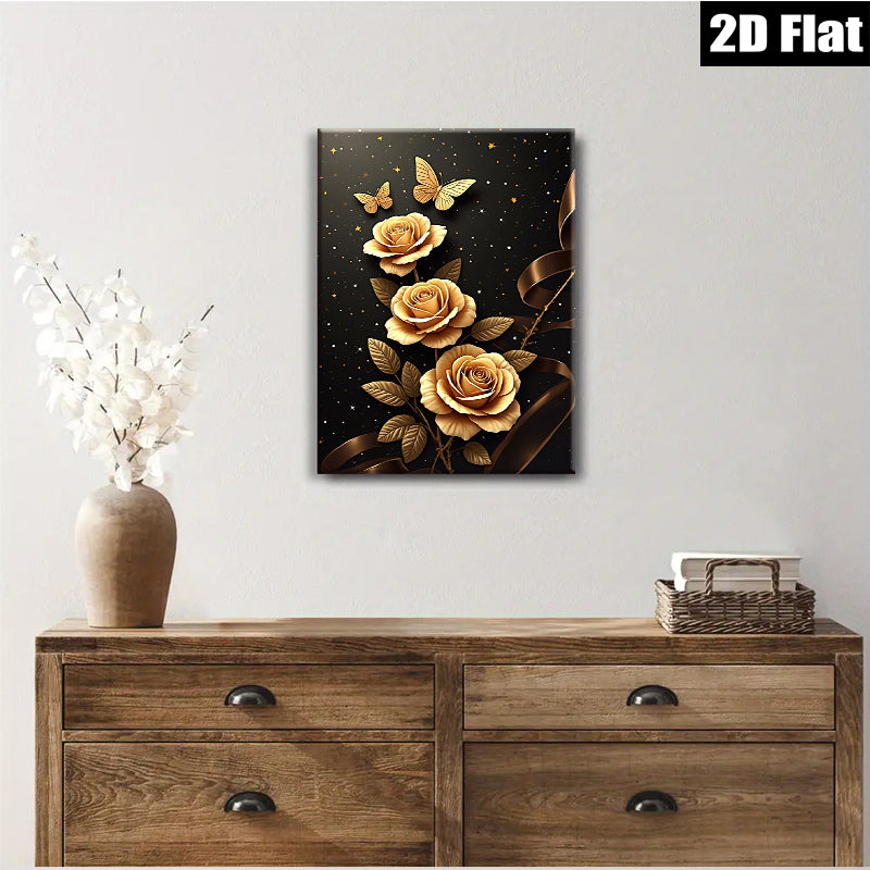 2D flat 1pc Golden Rose Floral Wall Art Decor for Living Room Bedroom Modern Farmhouse Canvas Prints Wrapped Ready to Hang Gallery Wrapped Timeless Elegance