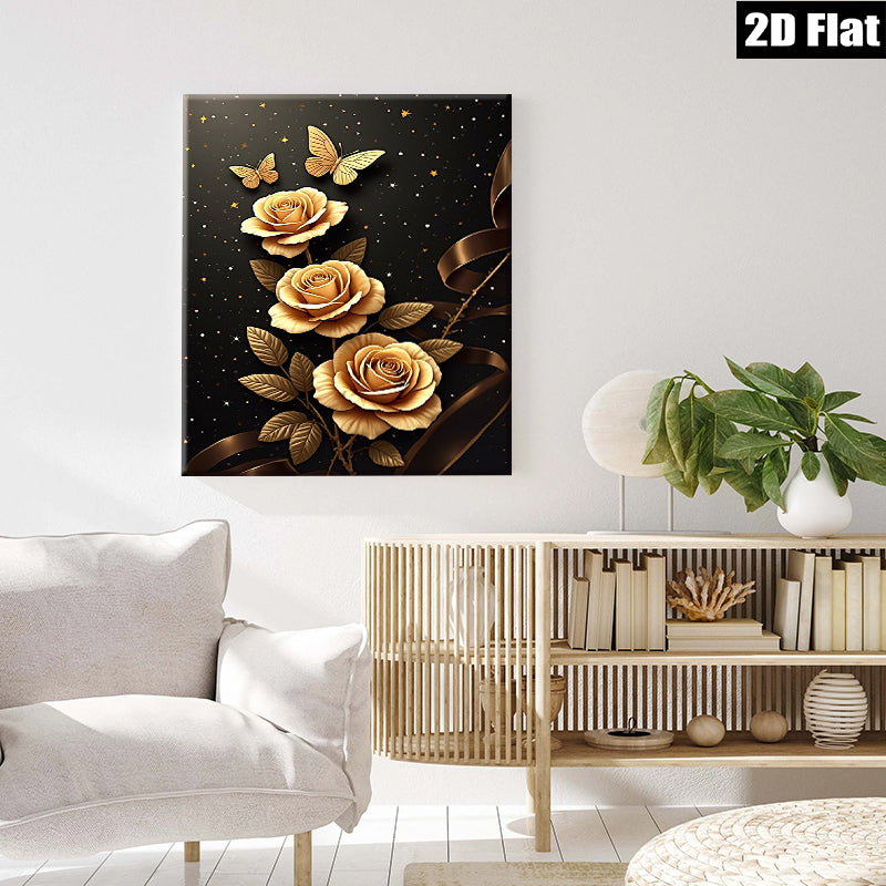 2D flat 1pc Golden Rose Floral Wall Art Decor for Living Room Bedroom Modern Farmhouse Canvas Prints Wrapped Ready to Hang Gallery Wrapped Timeless Elegance