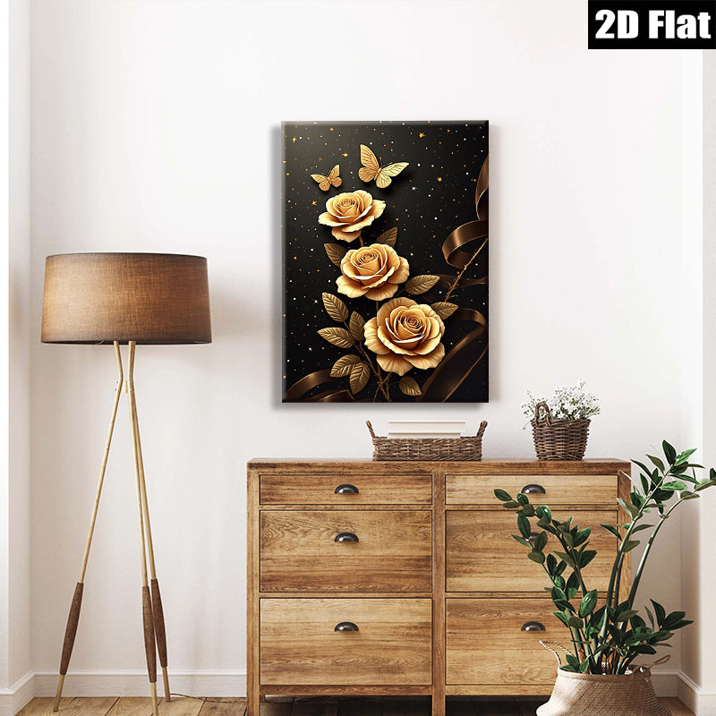 2D flat 1pc Golden Rose Floral Wall Art Decor for Living Room Bedroom Modern Farmhouse Canvas Prints Wrapped Ready to Hang Gallery Wrapped Timeless Elegance