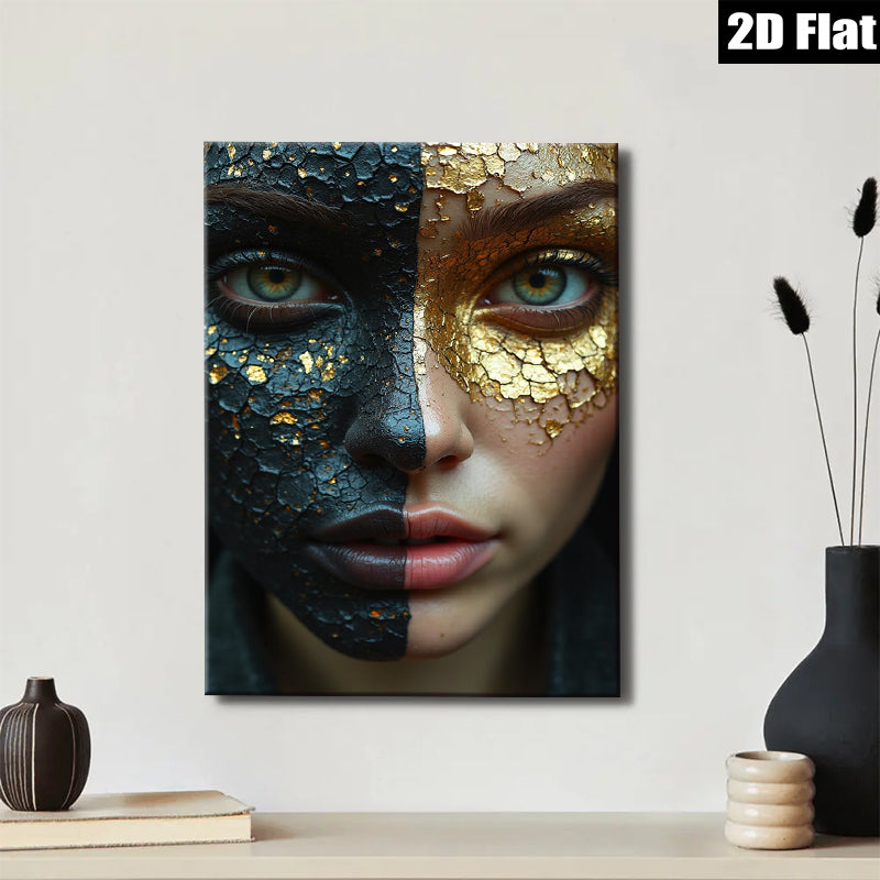 2D flat 1pc Golden Shadow Portrait Face Art Modern Wall Decor Living Room Bedroom Canvas Print Home Office Art Gallery Wrapped Frameless Teal Accent