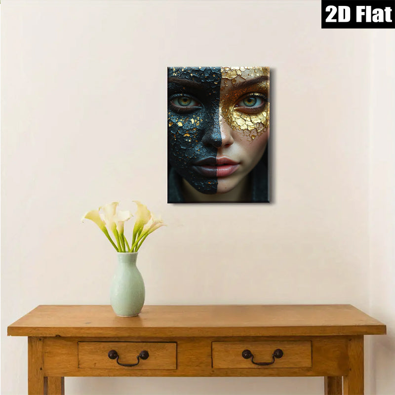 2D flat 1pc Golden Shadow Portrait Face Art Modern Wall Decor Living Room Bedroom Canvas Print Home Office Art Gallery Wrapped Frameless Teal Accent