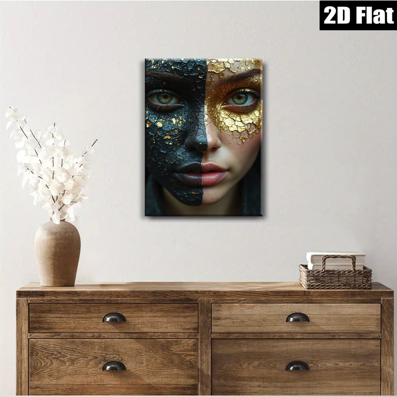 2D flat 1pc Golden Shadow Portrait Face Art Modern Wall Decor Living Room Bedroom Canvas Print Home Office Art Gallery Wrapped Frameless Teal Accent